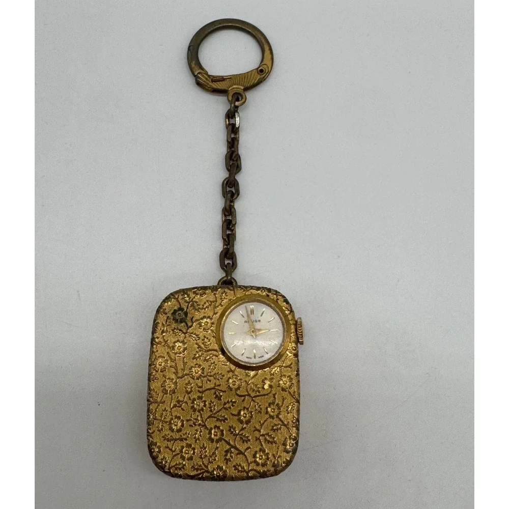Vintage Reuge Swiss‎ Musical Pocket Watch Keychain Gold Tone Floral Embossed Fob